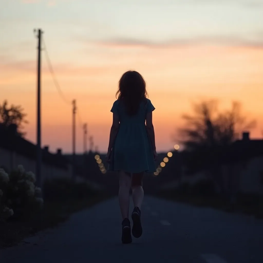 Girl walking alone at dusk